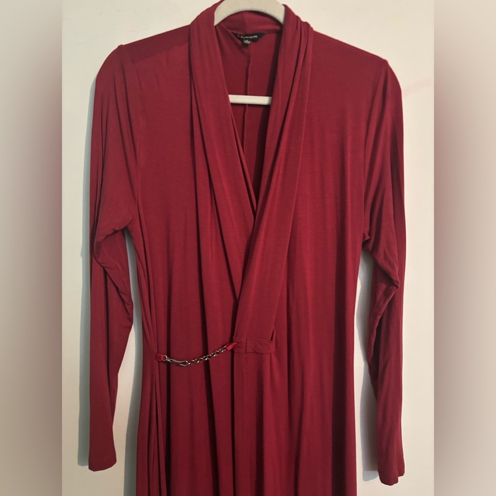 J. Peterman Womens Burgundy Faux Wrap Long Sleeve Flowy Maxi Dress Chain Sz Sm - Picture 2 of 7